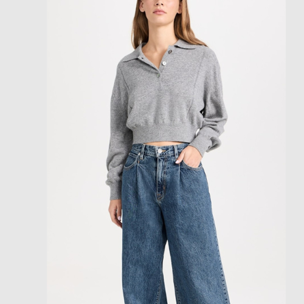 (F5) Recto Sweater Polo Knit Womens Size M Logo Patch Wool Gray Collared